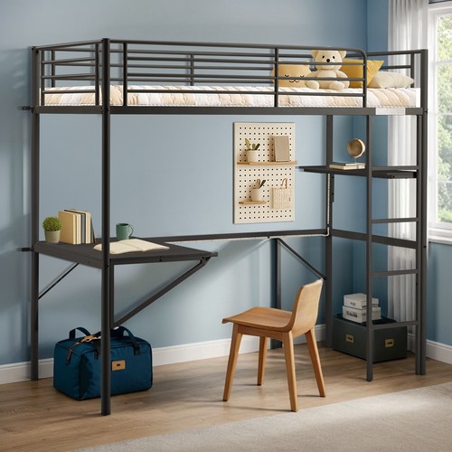 Single solid metal loft bed - single,
